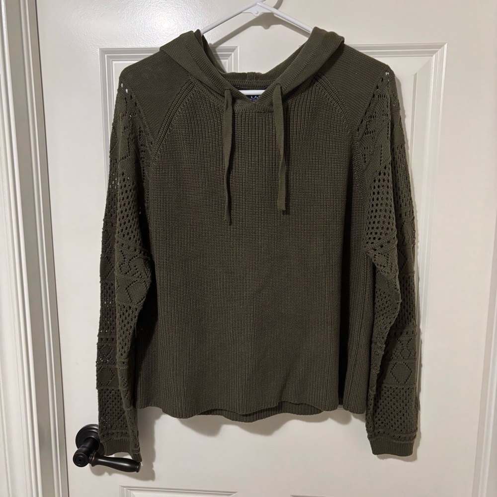 NWT FDJ Crochet Sleeve Olive Sweater Size M Pullover Hoodie
